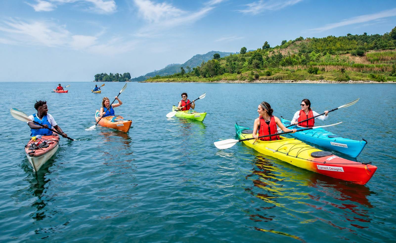 A bunch of tourists having fun Kayaking