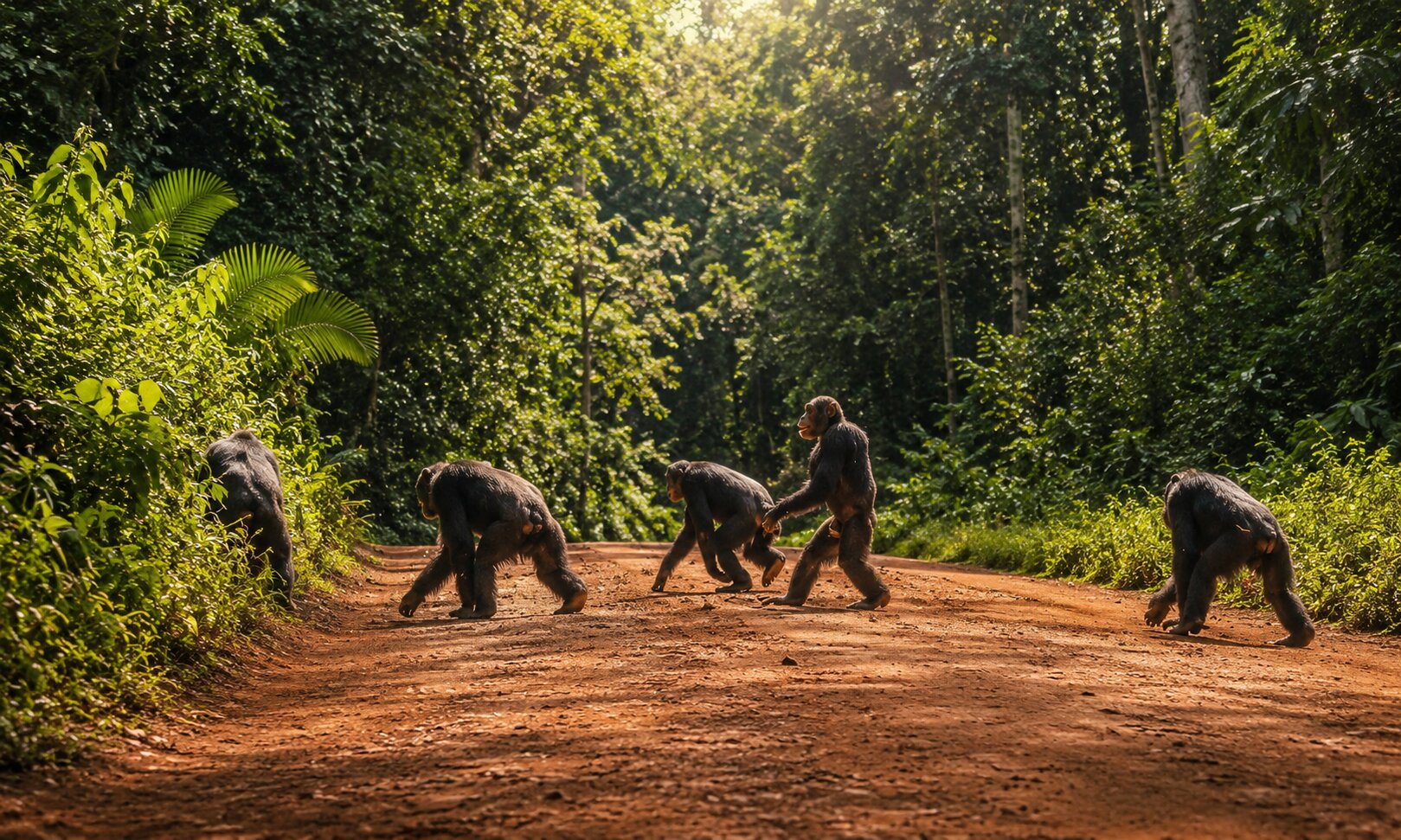 A Family Of Chimpanzees Walking Along A Road In Nyungwe Forest