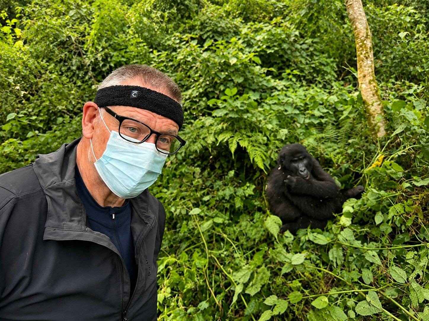 Man Wearing A Medical Mask Over His Mouth In Front Of A Chimpanzee
