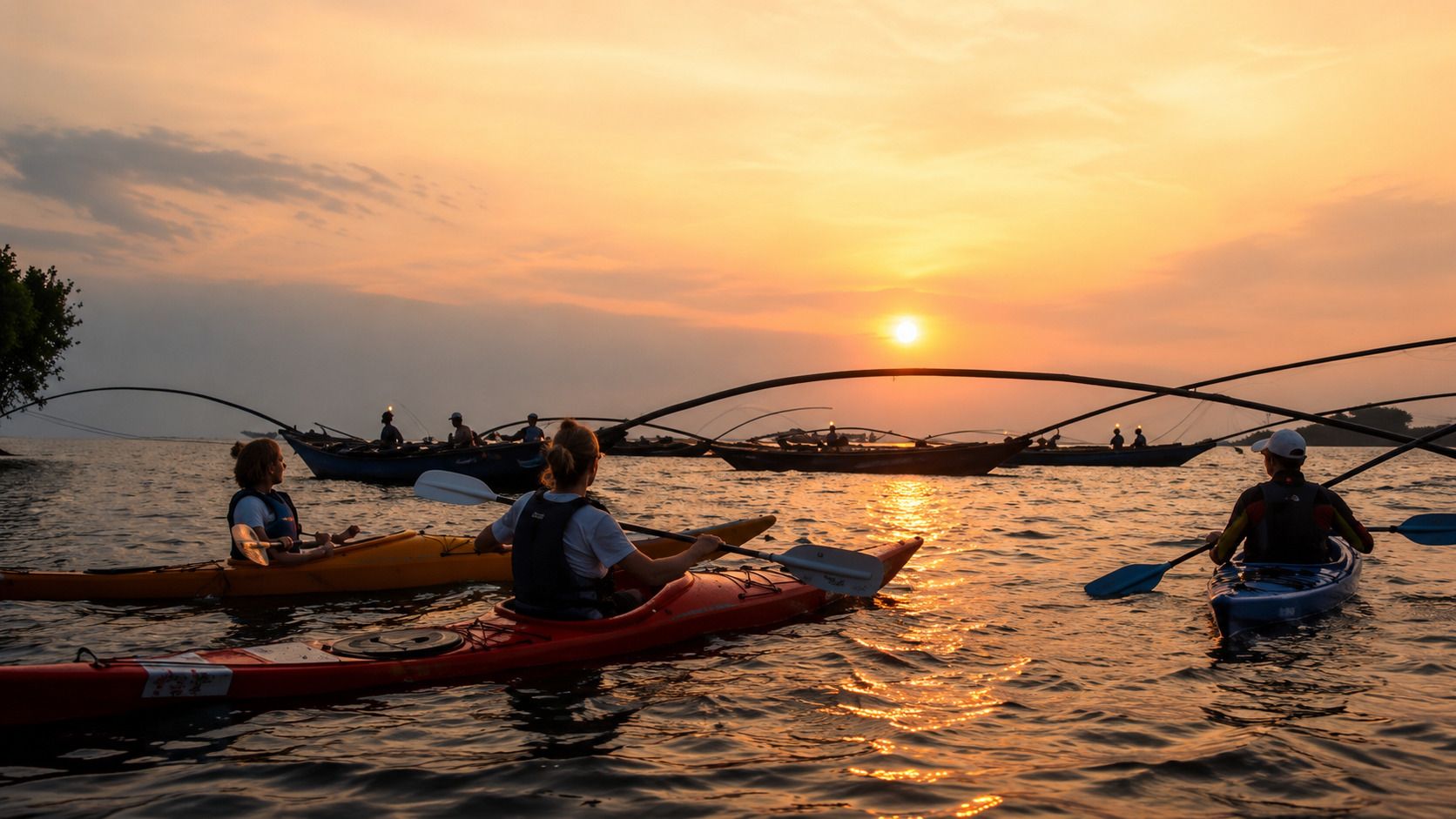 Some Tourists Watching The Fishermen From A Distance On Kayaks